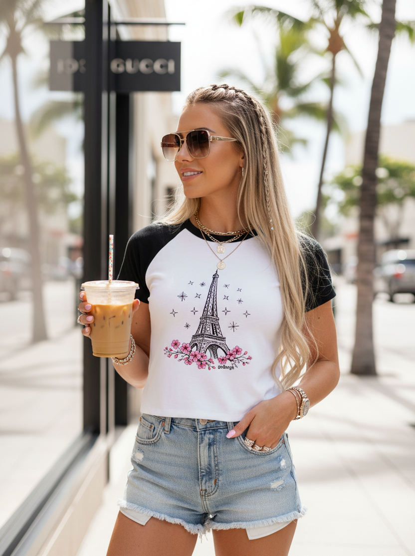 Casual luxury street style featuring Paris in Bloom Eiffel Tower cherry blossom cropped baby tee paired with denim and designer accessories in a shopping district.