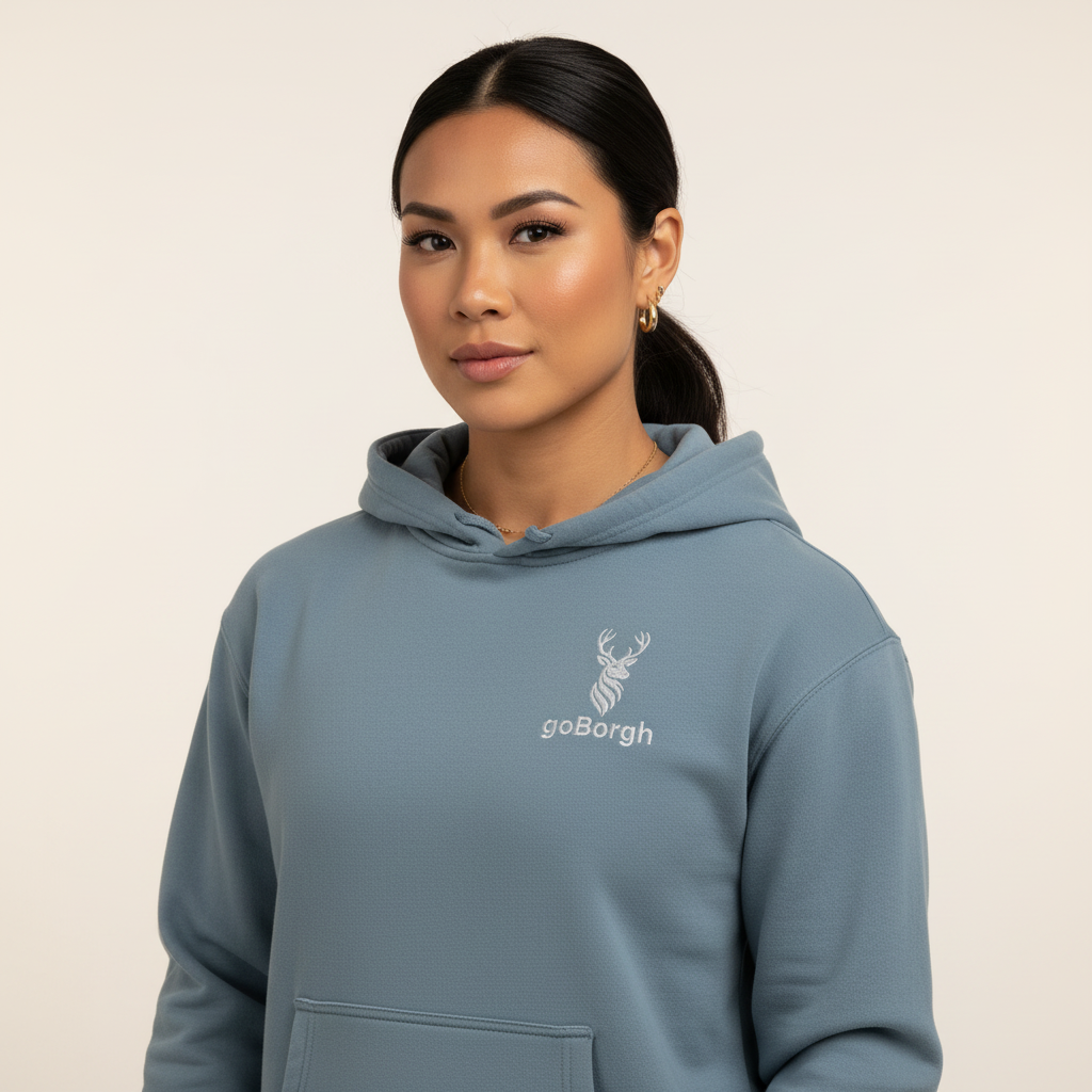 Female model wearing the goBorgh® Highland Frontier™ Stag hoodie in Pigment Slate Blue