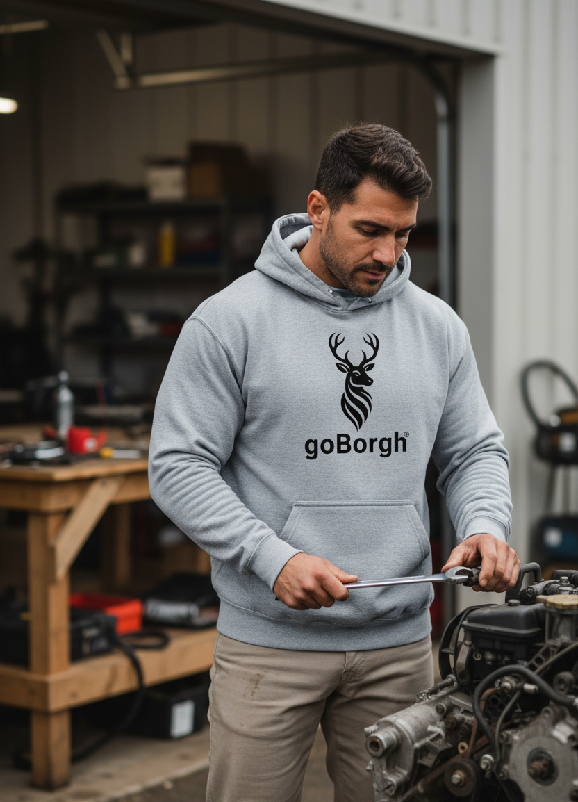 Model wearing the goBorgh® Highland Frontier hoodie in Gunmetal Heather in a workshop environment