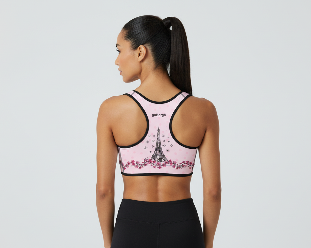 Full back fit of the goBorgh Paris Eiffel Tower Cherry Blossom sports bra in pale pink, showcasing racerback support and floral detailing