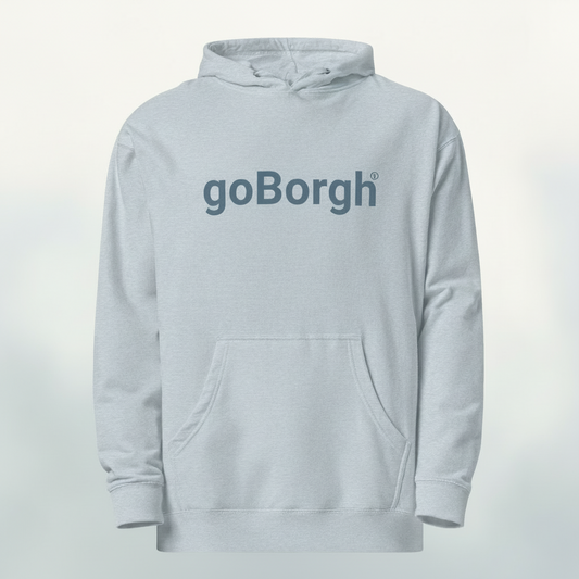 goBorgh Wordmark Hoodie in Grey Heather — premium midweight unisex sweatshirt