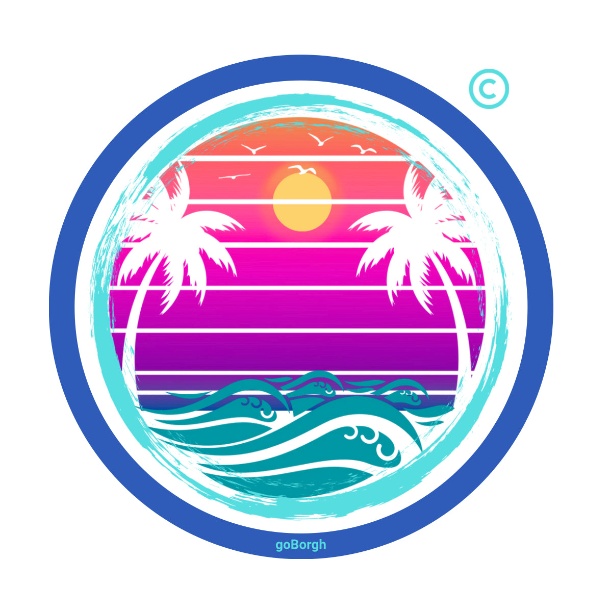 IP protected, copyright original goBorgh Circular design t-shirt women’s with a sunset, palm trees, and waves on a white background