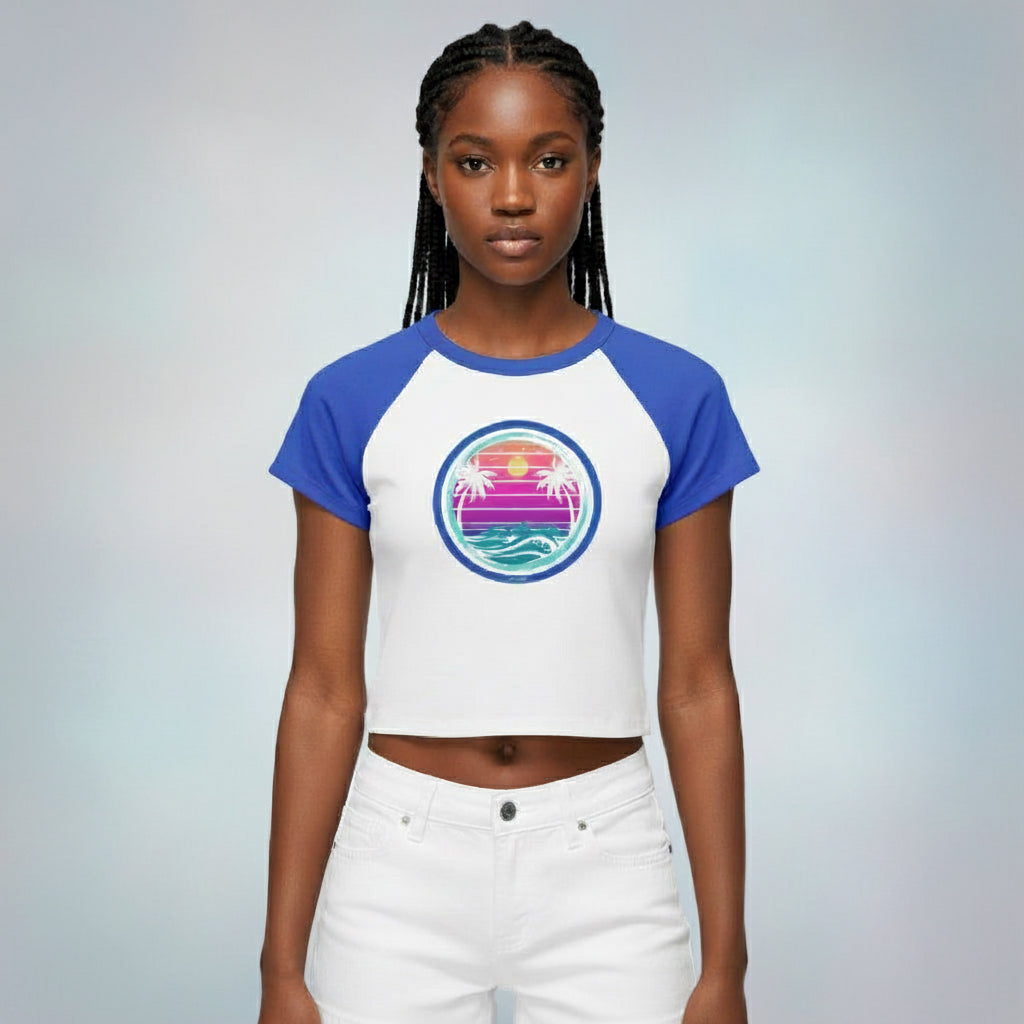 Person wearing a white and blue baseball shirt with a colorful goBorgh women’s graphic design on a gradient background