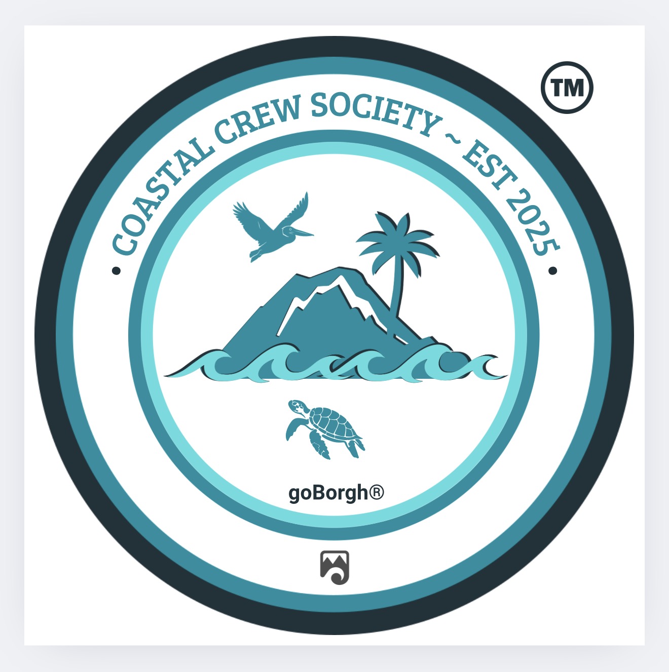 Circular logo for goBorgh Island Society Seal with mountain, pelican, palm tree, and turtle illustrations on a white background.