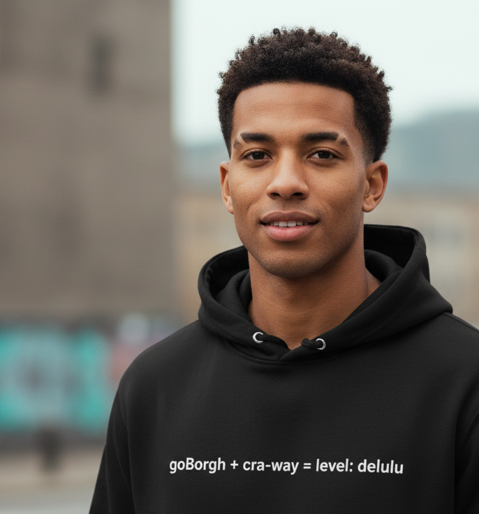 Model wearing a black cra-way math delulu oversized hoodie in an urban streetwear setting