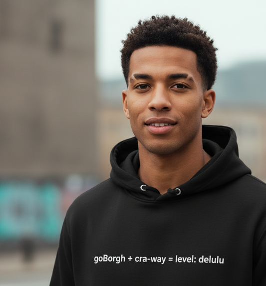 Model wearing a black cra-way math delulu oversized hoodie in an urban streetwear setting