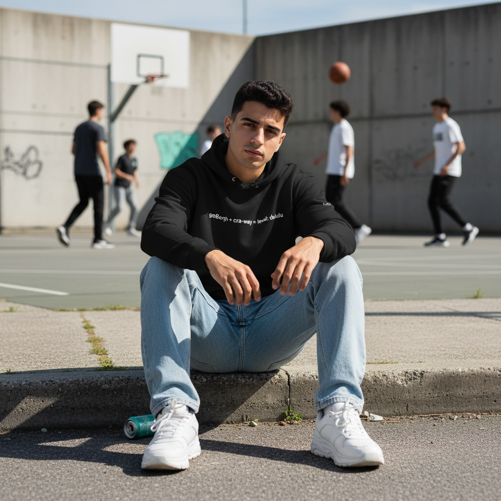 Streetwear look featuring the cra-way math delulu oversized hoodie worn near a basketball court