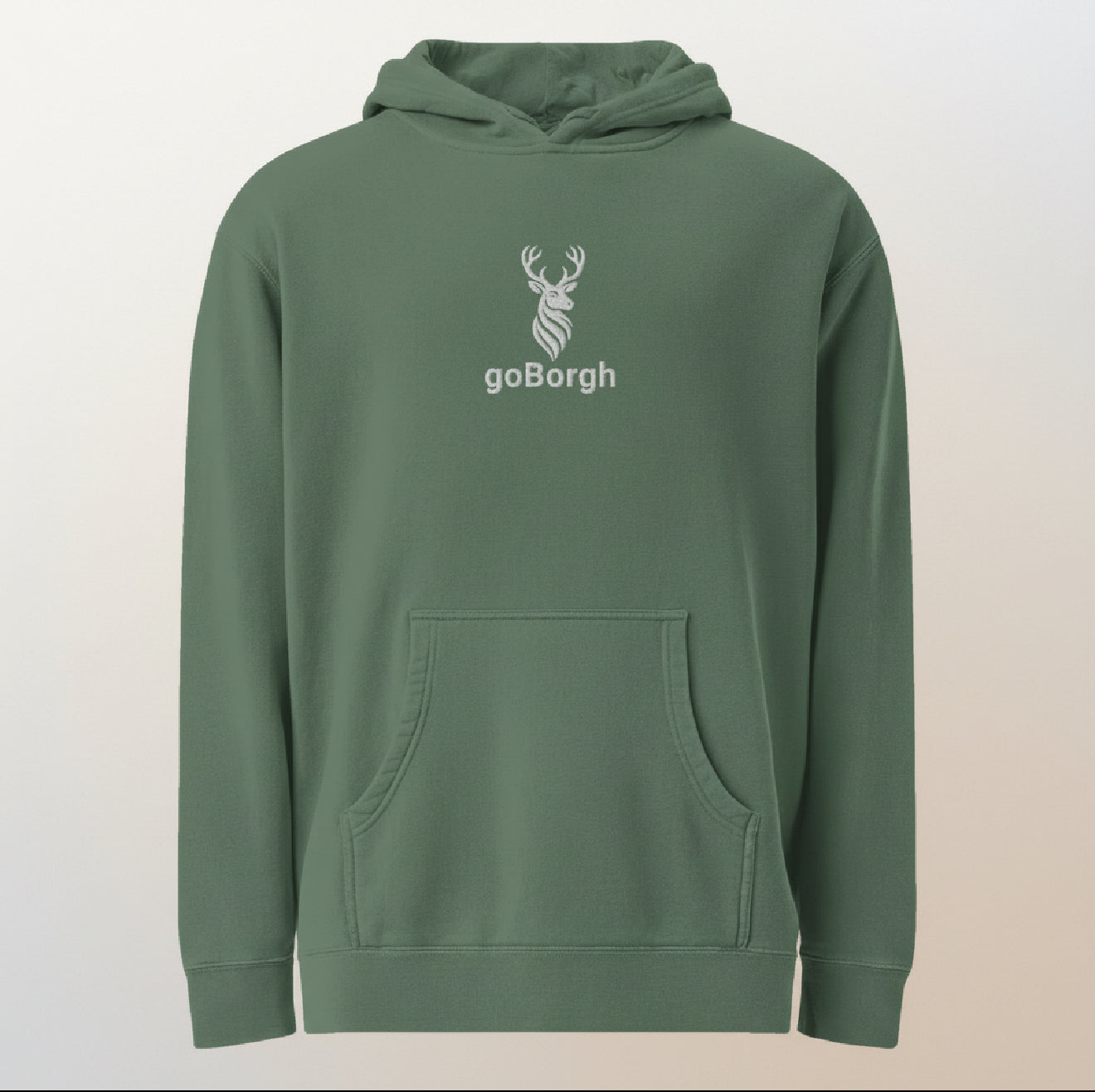 Flat lay of sage green goBorgh® Highland Frontier™ stag hoodie showing premium pigment-dyed finish