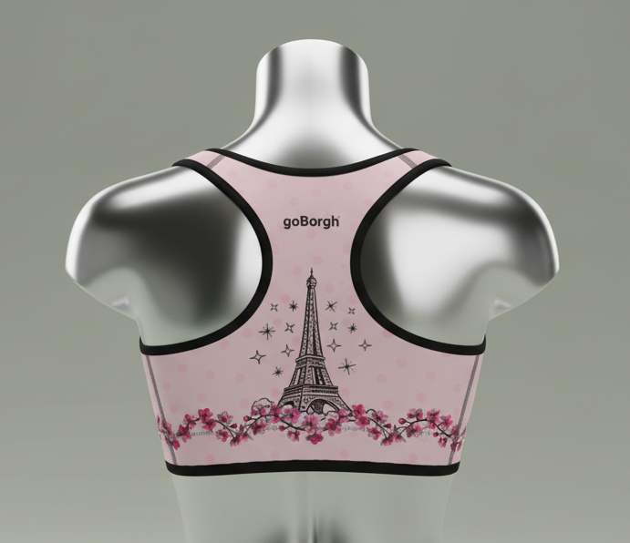 Racerback detail of the goBorgh Paris in Bloom Eiffel Tower Cherry Blossom sports bra in pale pink from the goBorgh Global Collection
