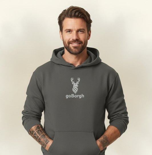 Model wearing the goBorgh® Highland Frontier™ Front & Center Stag premium hoodie in charcoal gray, front view with embroidered stag detail