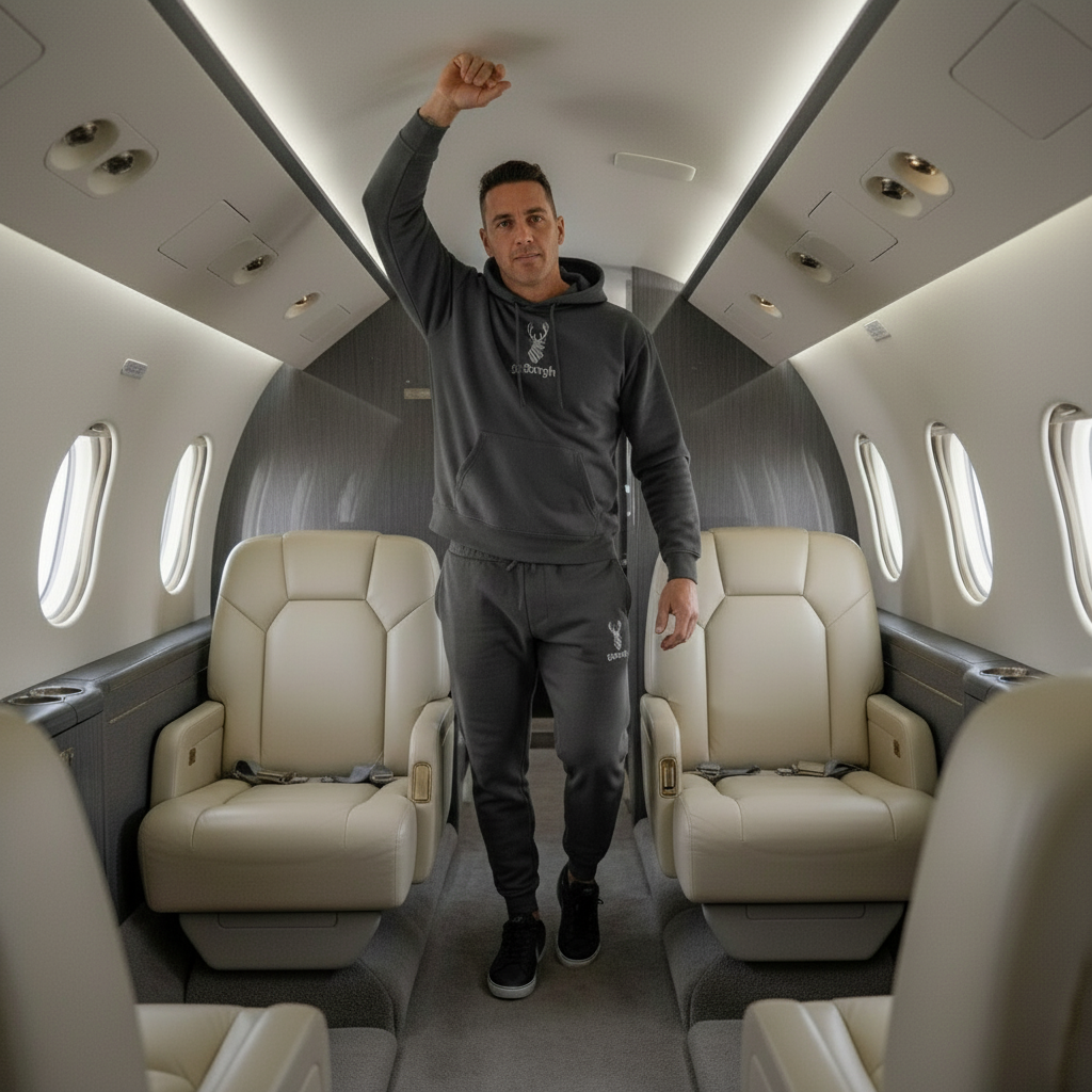 Man wearing charcoal gray goBorgh® Highland Frontier™ stag hoodie inside private jet, premium lifestyle travel styling