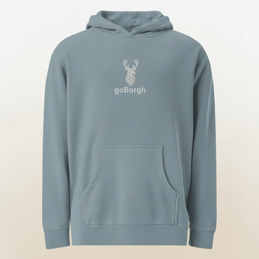 Flat lay of dusty blue goBorgh® Highland Frontier™ premium hoodie with front and center stag embroidery
