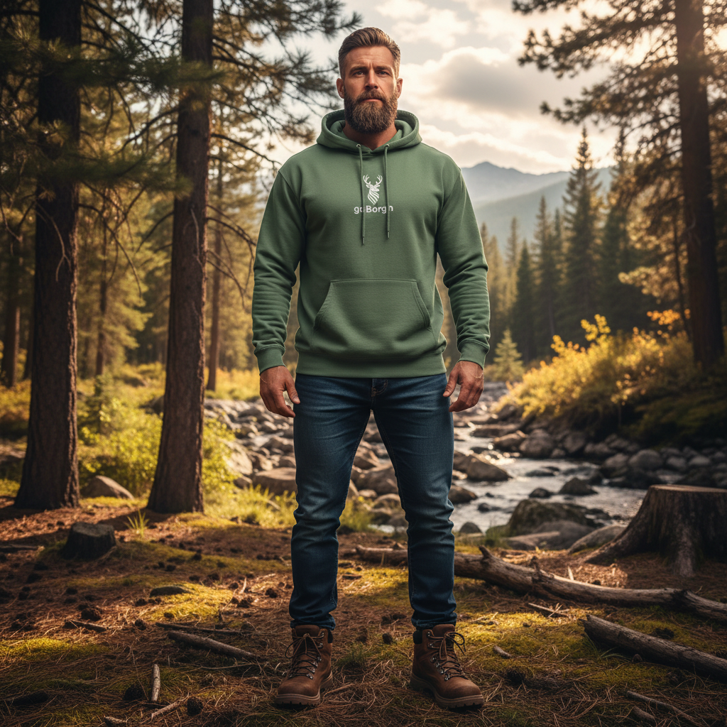Model standing outdoors in a wooded setting wearing goBorgh® Highland Frontier™ premium stag hoodie - pigment alpine green 

