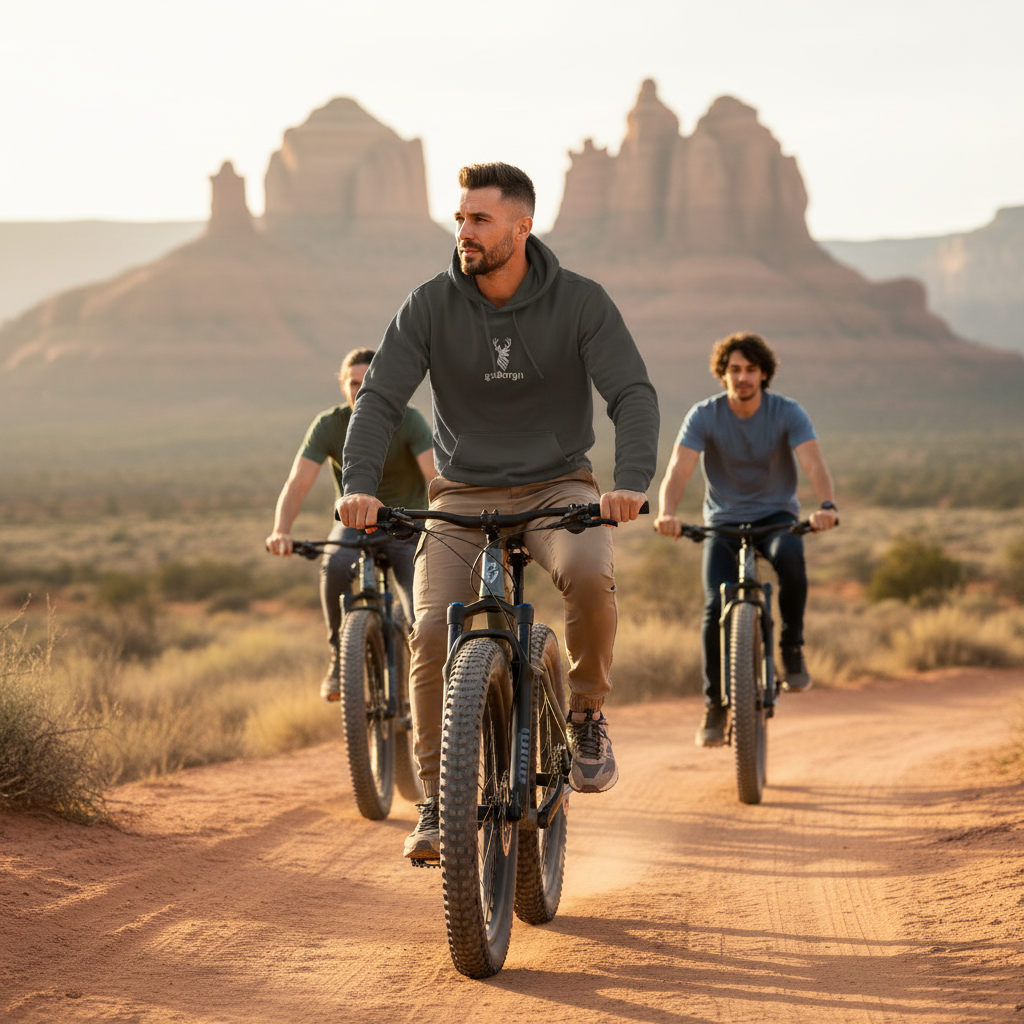 Two people riding bikes wearing goBorgh® Highland Frontier™ stag hoodies in rugged outdoor desert setting