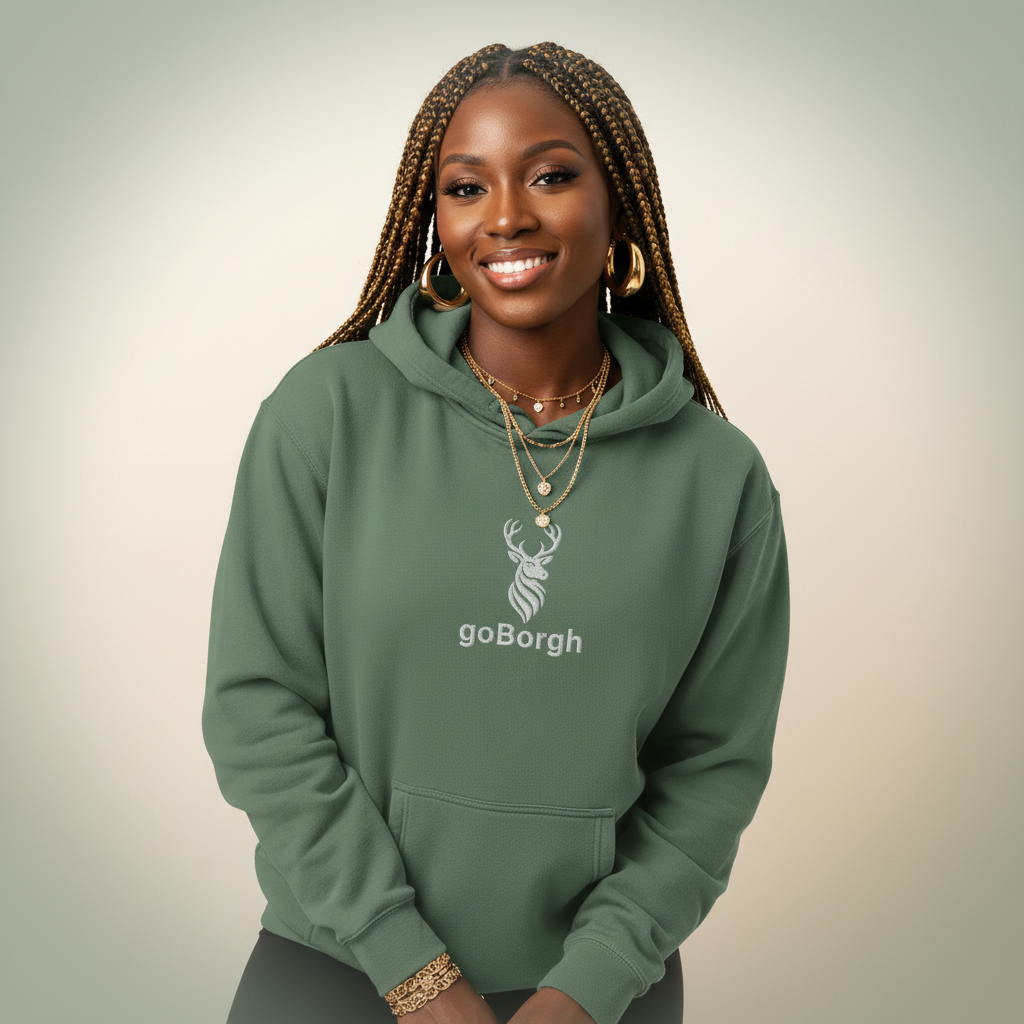 Woman wearing sage green goBorgh® Highland Frontier™ premium hoodie with embroidered stag detail