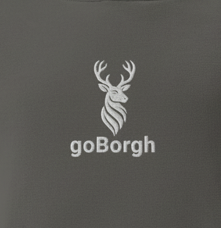 Close-up of embroidered Highland Frontier™ stag and goBorgh® wordmark on premium hoodie fabric
