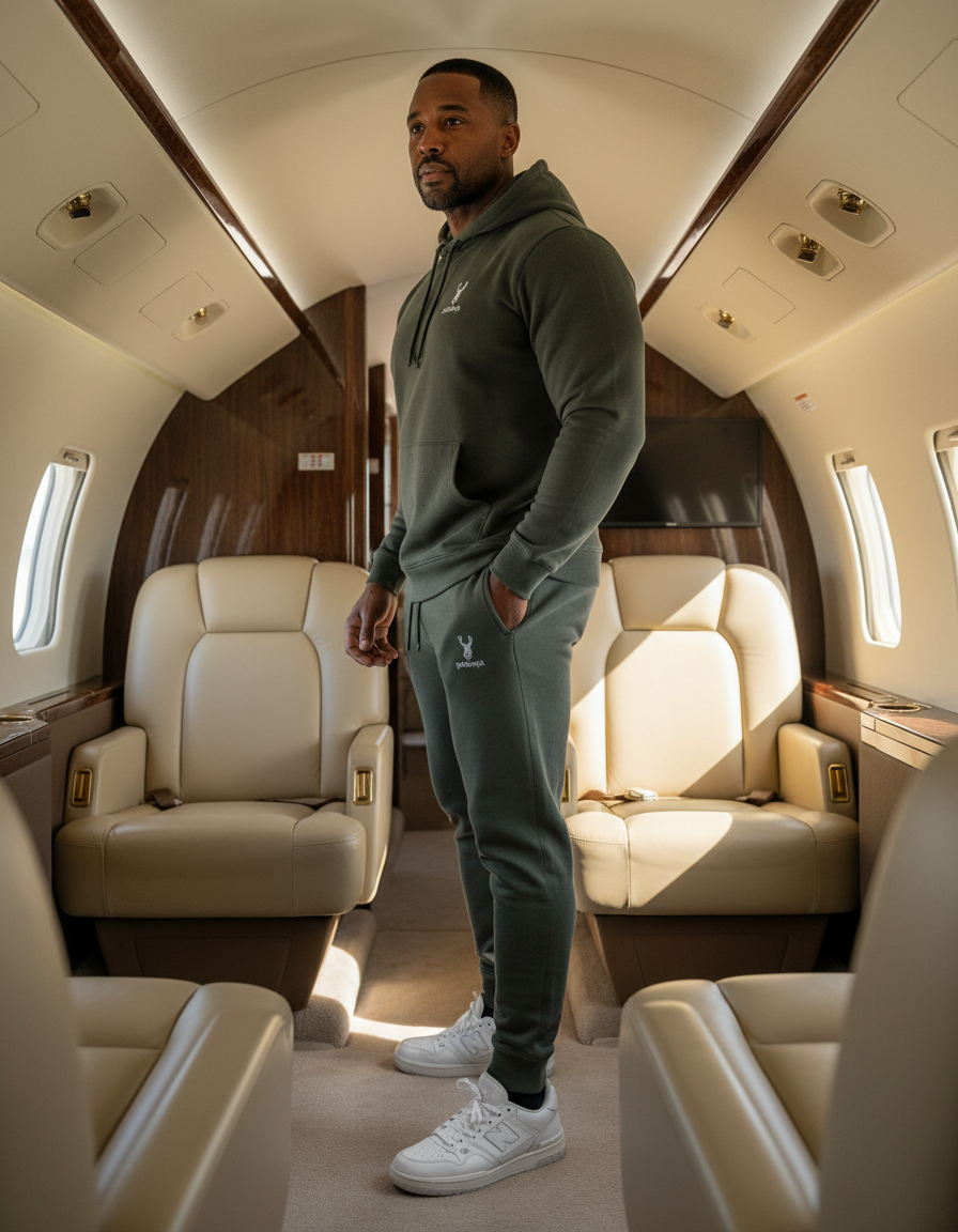 Model wearing the goBorgh® Highland Frontier™ Stag premium hoodie in Pigment Black inside a private jet cabin