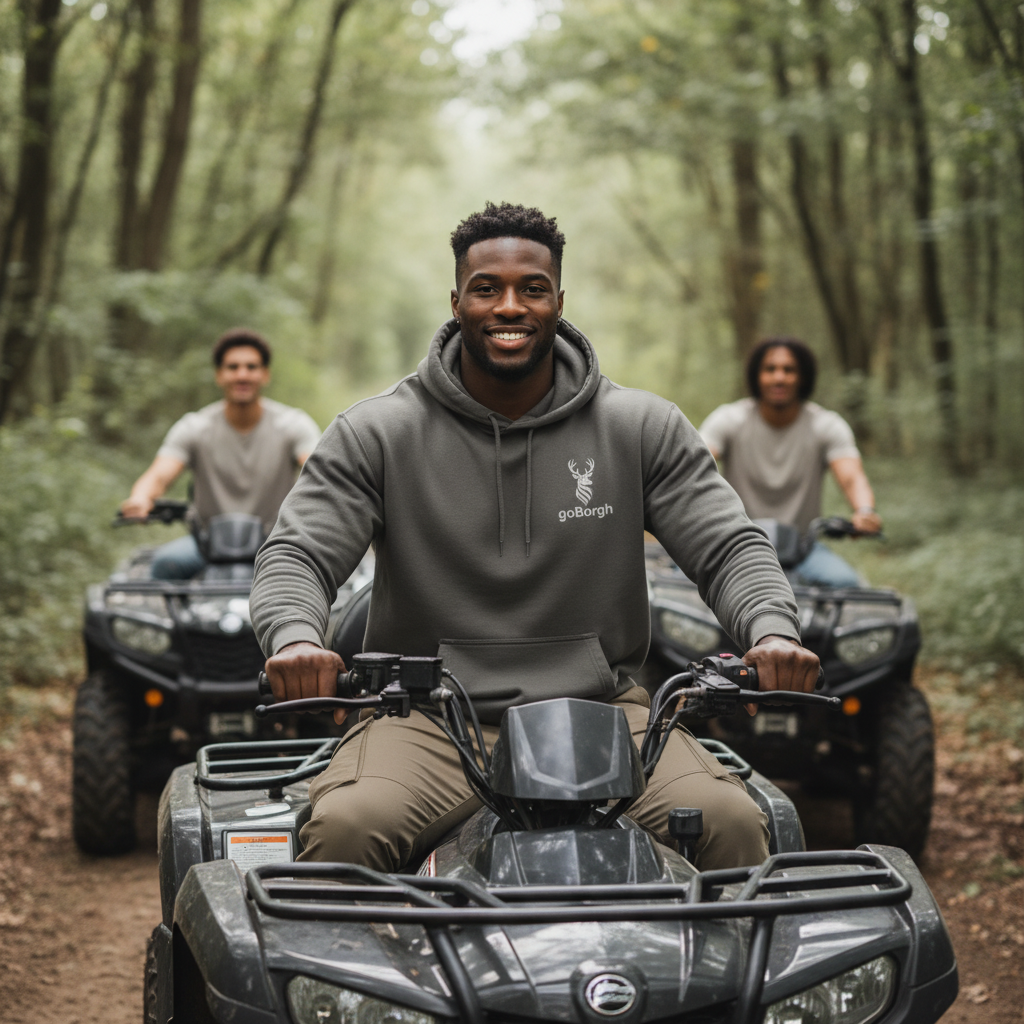Group riding ATVs wearing the goBorgh® Highland Frontier™ Stag premium hoodie in Pigment Black outdoors