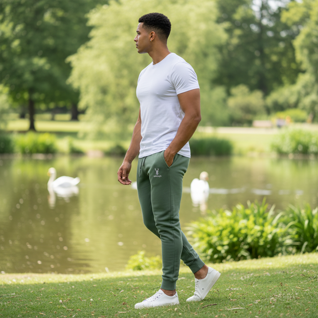 Pigment Alpine Green Highland Frontier™ Summit Stag goBorgh® joggers styled outdoors with clean athletic silhouette