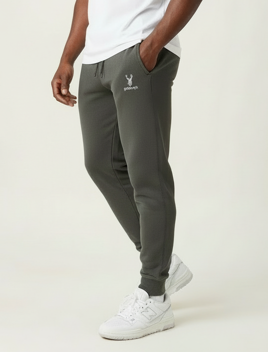 Model wearing Pigment Black Highland Frontier™ Summit Stag goBorgh® premium joggers showing relaxed fit and tapered leg design
