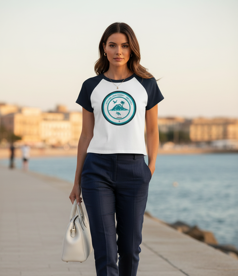 Millennial woman wearing the goBorgh® Island Society Seal baby tee styled with tailored navy pants and luxury accessories, photographed along a coastal promenade at golden hour.