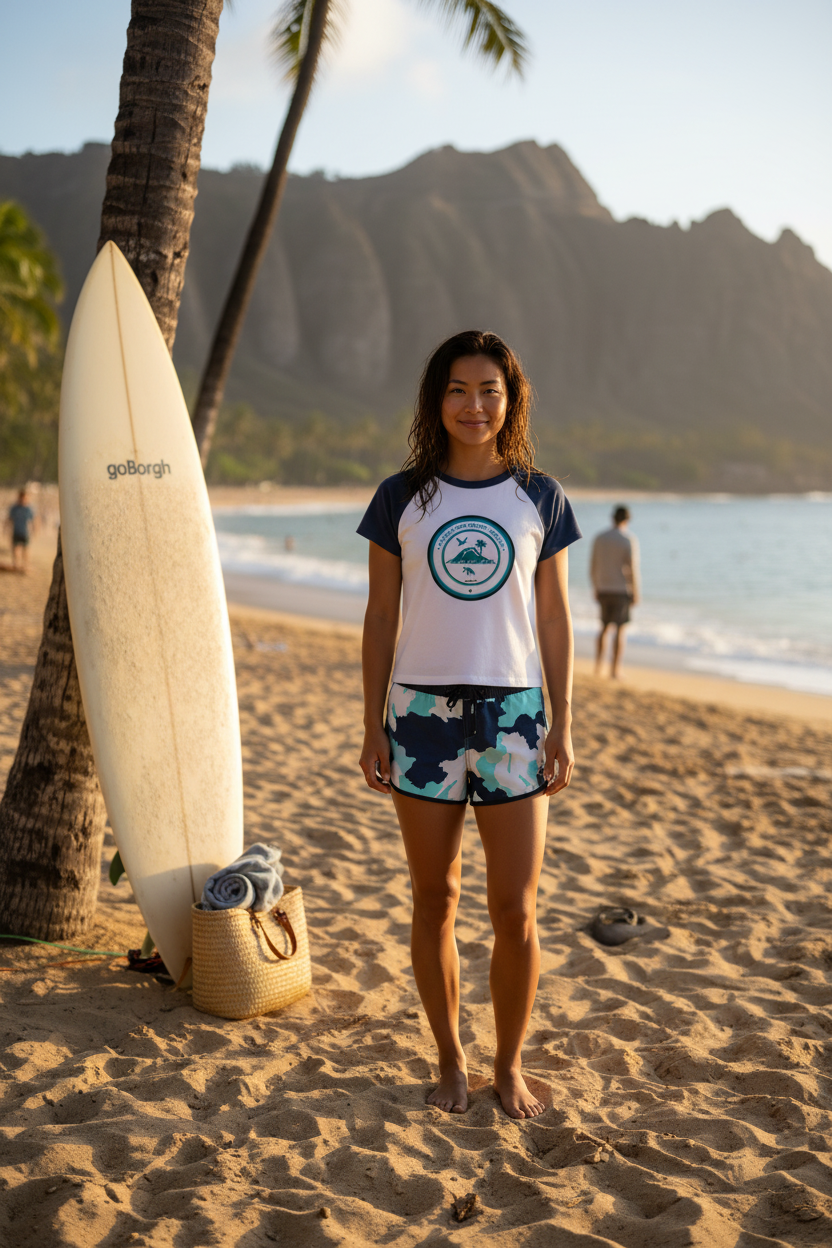 Athletic woman wearing the goBorgh® Island Society Seal baby tee at Waimea Bay with a surfboard, styled in navy, white, and turquoise for a modern coastal surf lifestyle.