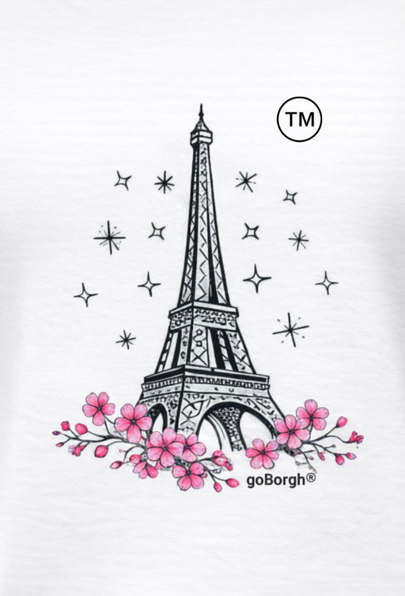  Paris in Bloom goBorgh Eiffel Tower with cherry blossoms original design, close-up illustration that’s copyrighted and trademark protected, intellectual property, branding on a white background
