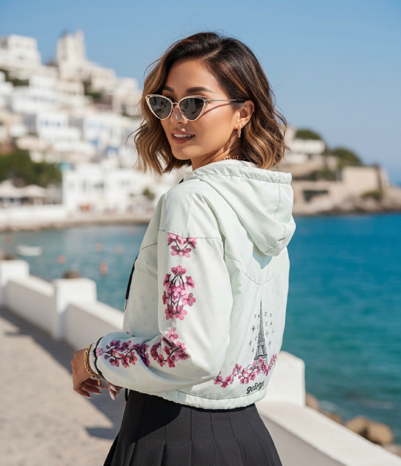 Back view of goBorgh Paris in Bloom Eiffel Tower cherry blossom half zip windbreaker in light olive green, worn outdoors near the coast.