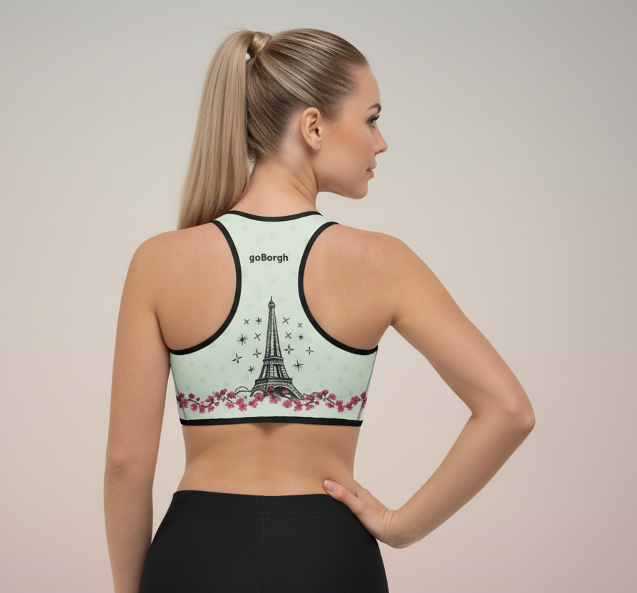 Rear fit view of the goBorgh® Paris in Bloom Eiffel Tower Cherry Blossom sports bra in light olive green, showing racerback cut and supportive band.

