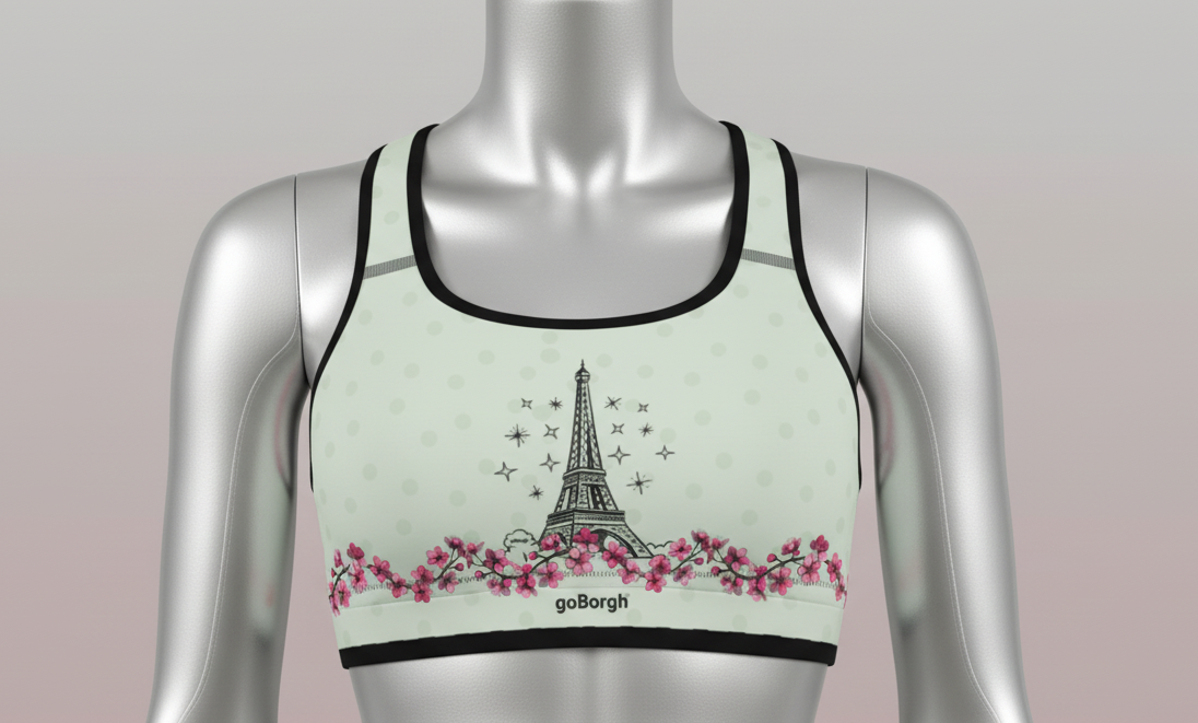 Front view of the goBorgh® Paris in Bloom Eiffel Tower Cherry Blossom sports bra in light olive green, featuring Eiffel Tower illustration and cherry blossom detail.