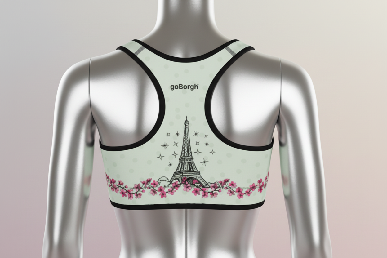Back racerback view of the goBorgh® Paris in Bloom Eiffel Tower Cherry Blossom sports bra showing Eiffel Tower artwork and cherry blossom band.
