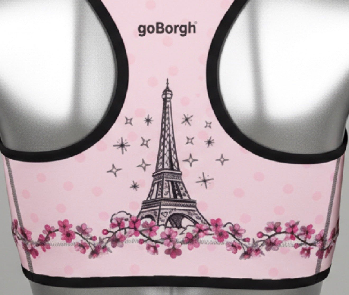 Pink sports bra with Paris in Bloom Eiffel Tower design and goBorgh branding