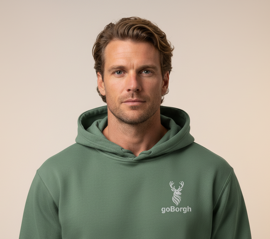Male model wearing the goBorgh® Highland Frontier™ Stag hoodie in Pigment Alpine Green
