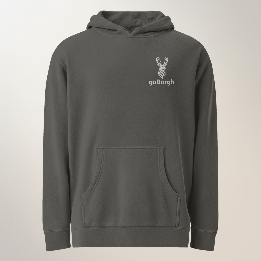 Front view of the goBorgh® Highland Frontier™ Stag premium hoodie in Pigment Black