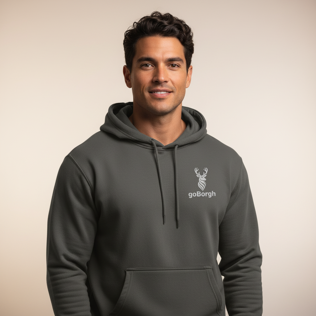 Male model wearing the goBorgh® Highland Frontier™ Stag hoodie in Pigment Black