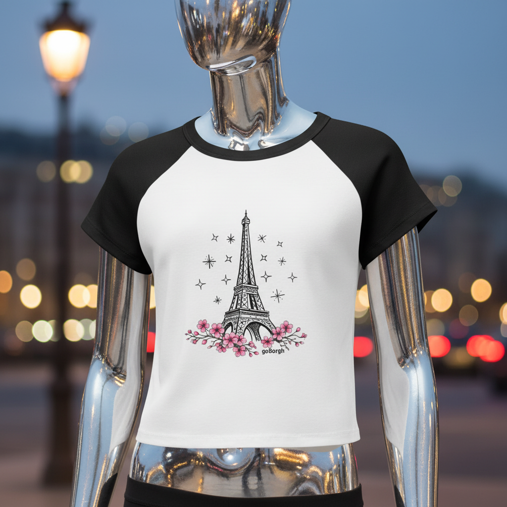 Studio mannequin wearing the Paris in Bloom, Eiffel Tower Cherry Blossom, cropped baby tee by goBorgh, highlighting the fitted silhouette and premium graphic design.
