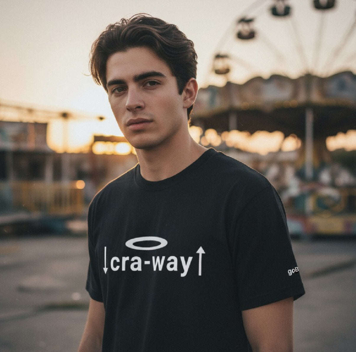 male model wearing black cra-way street code oversized t-shirt in outdoor urban setting