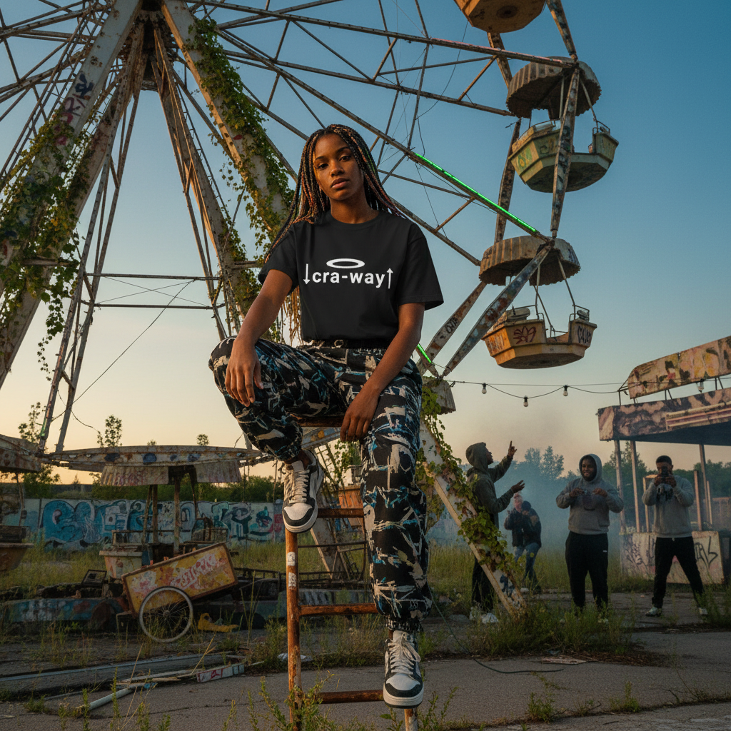 female model wearing black cra-way street code oversized t-shirt at outdoor amusement park Ferris wheel 