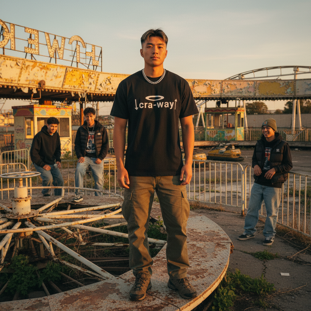 models wearing black cra-way street code oversized t-shirts in urban industrial environment Abandoned amusement park 