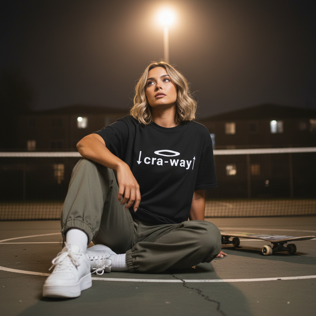 female model sitting outdoors wearing black cra-way street code oversized t-shirt at night