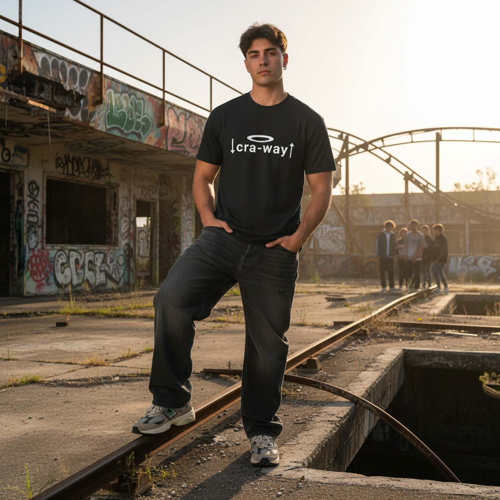 male model wearing black cra-way street code oversized t-shirt in gritty urban location
