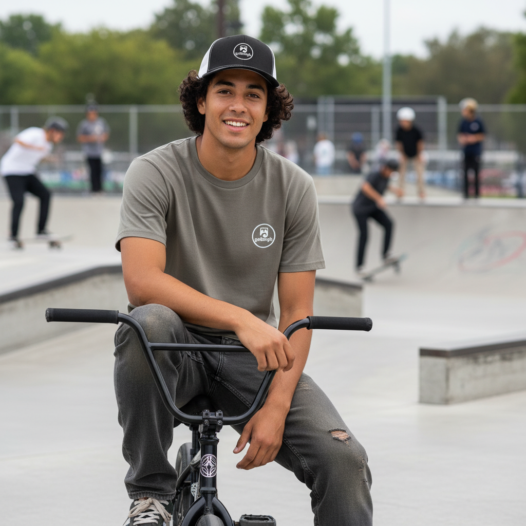 Woman wearing a goBorgh® Coastal Crew snapback trucker cap styled with casual streetwear