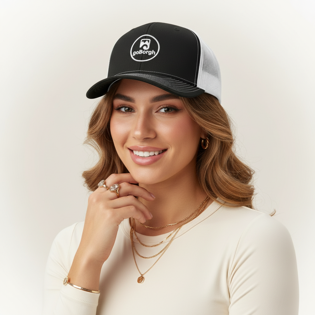 Alt text: Woman wearing a goBorgh® Coastal Crew snapback trucker cap in a casual lifestyle setting