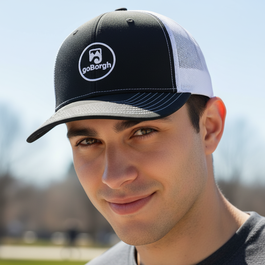 Model wearing a gray and black goBorgh® Coastal Crew snapback trucker cap outdoors