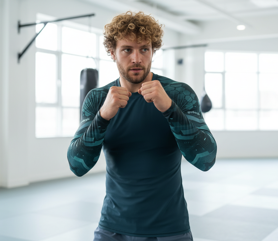 Men wearing goBorgh Hex Armor performance rash guard during boxing and MMA training in a gym, featuring compression fit and patterned sleeves
