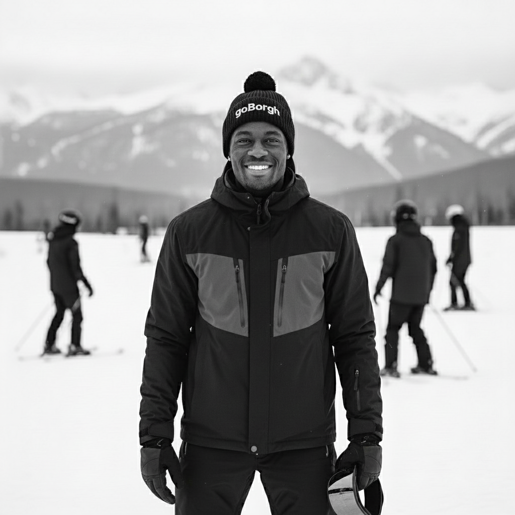 Person wearing a black goBorgh black pom beanie outdoors in a winter mountain setting
