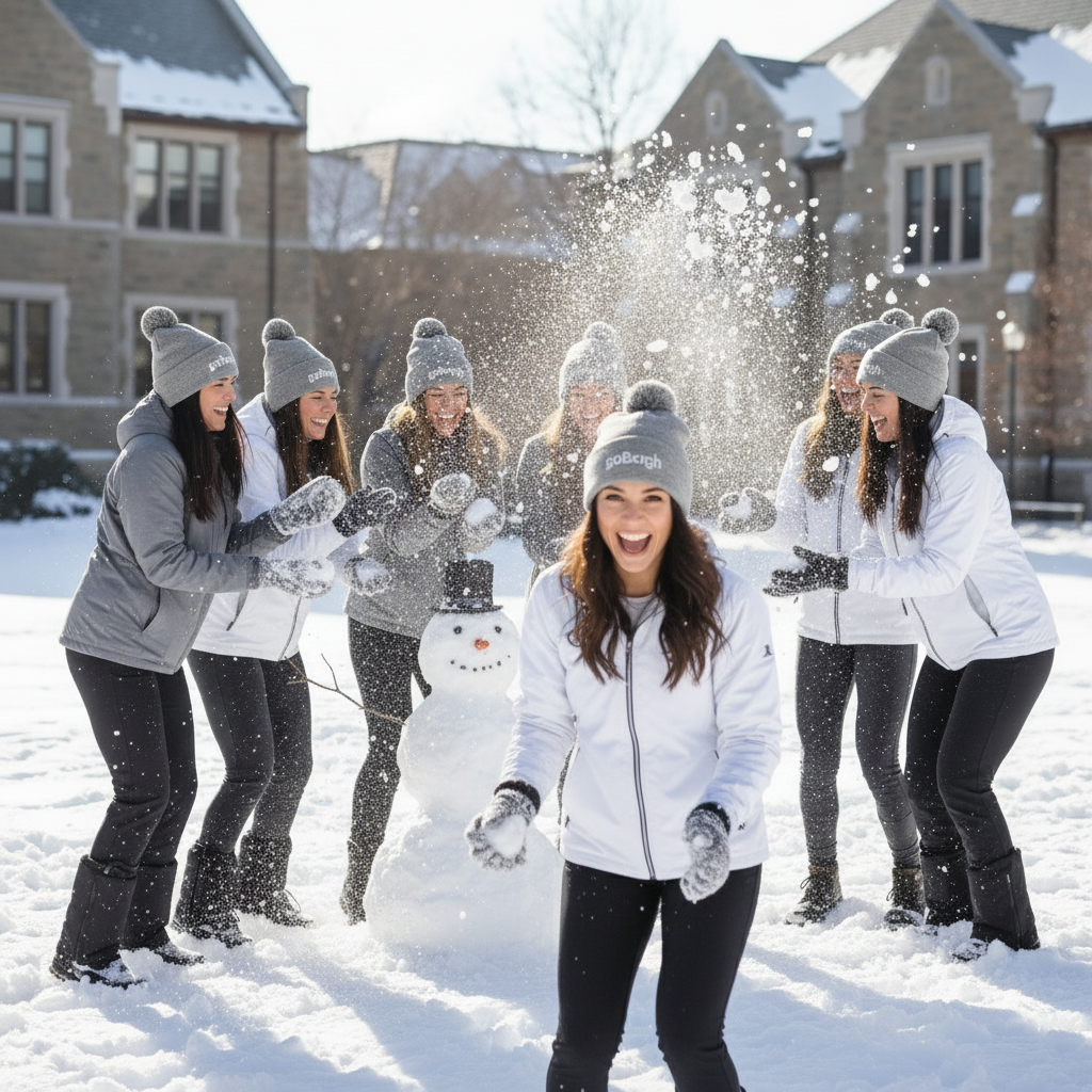 Group of people wearing winter clothing and goBorgh knit beanies in the snow
