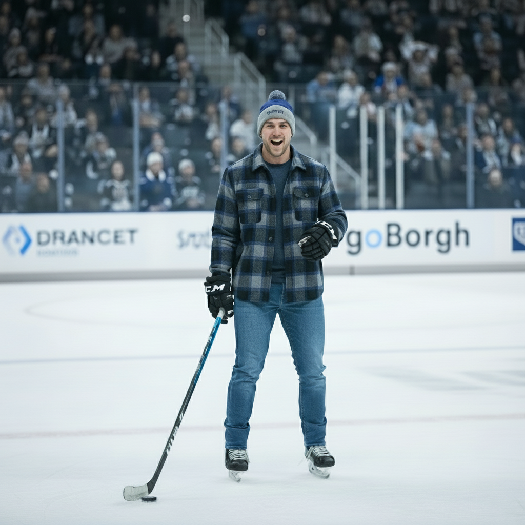 Person wearing a blue and gray goBorgh knit beanie while standing on an ice rink