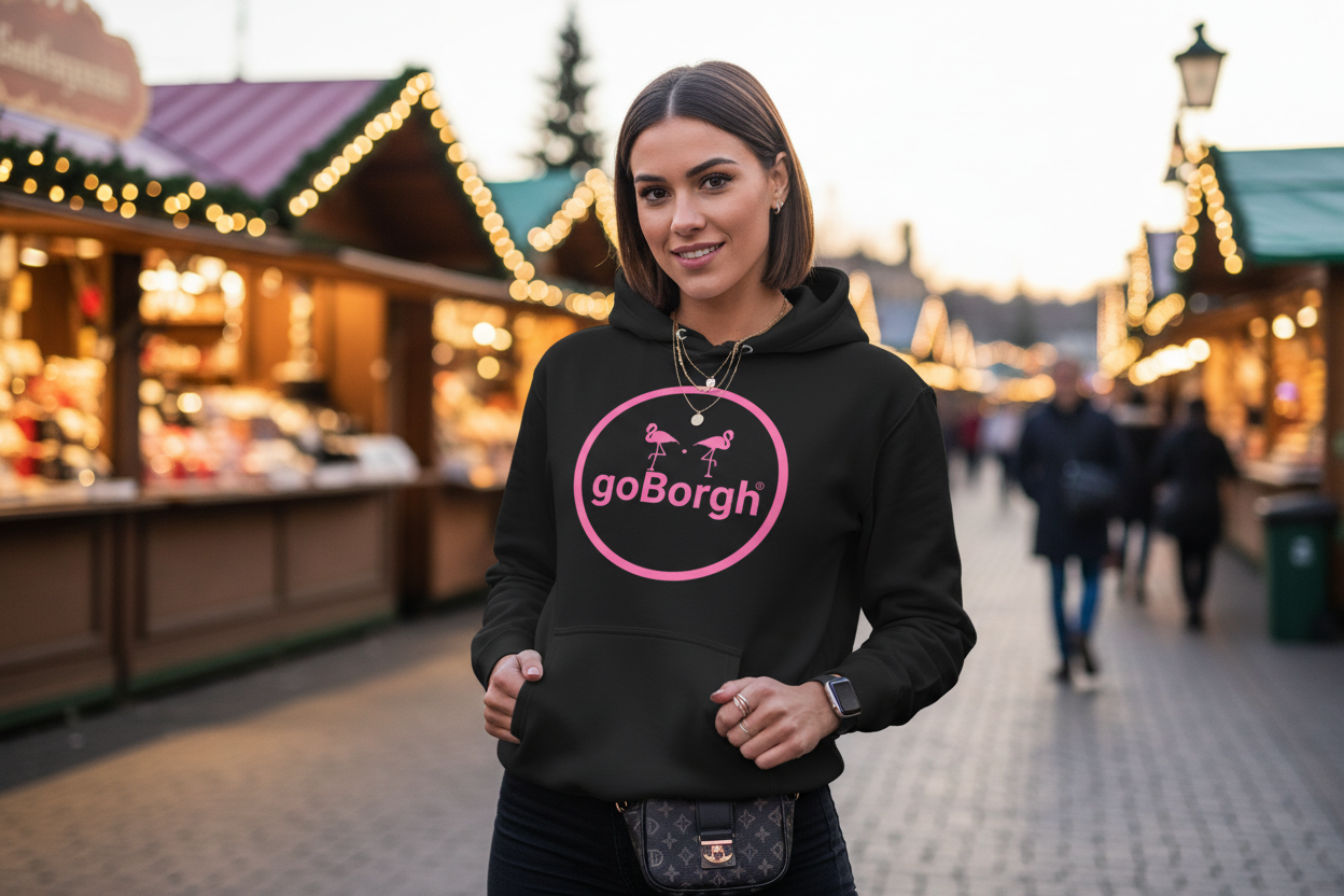 Model wearing the goBorgh® Flock of Flamingos Circle Badge Hoodie in black, highlighting the pink flamingo circle badge and front kangaroo pocket.