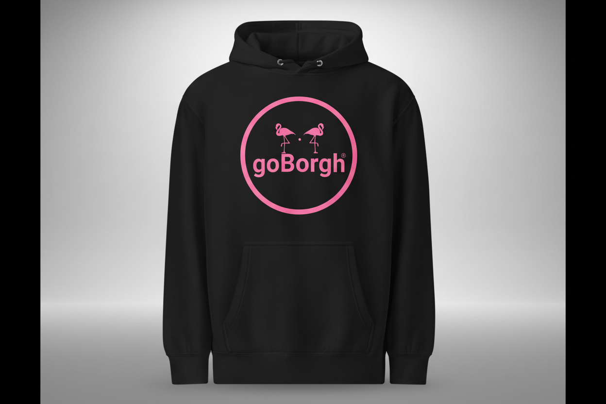 Black goBorgh® Flock of Flamingos Circle Badge Hoodie with pink flamingo circle badge logo, shown in a flat product view.
